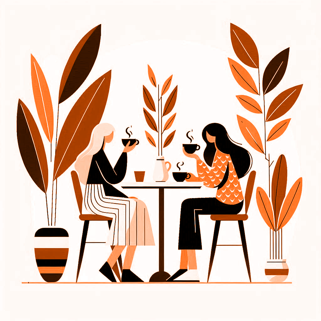 Twee mensen aan tafel met grote kamerplanten om hen heen. Ze drinken koffie.